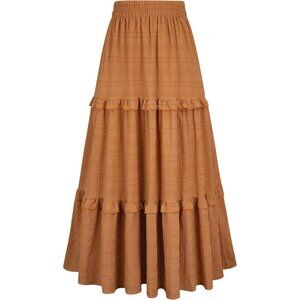 Women Earthy Brown Casual Elegant A Line Flowy Ruffle Tiered Pockets Maxi Skirt
